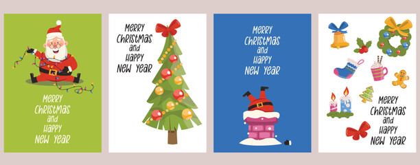 Set of New Year and Christmas cute cards. Format A5. Vector graphic.