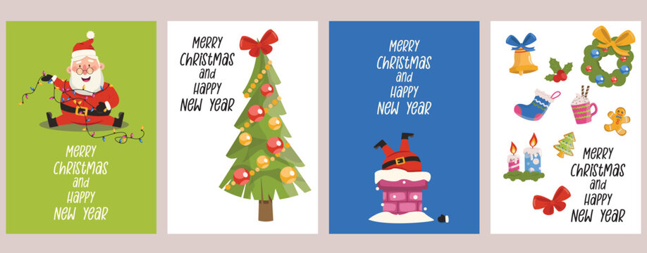 Set of New Year and Christmas cute cards. Format A5. Vector graphic.