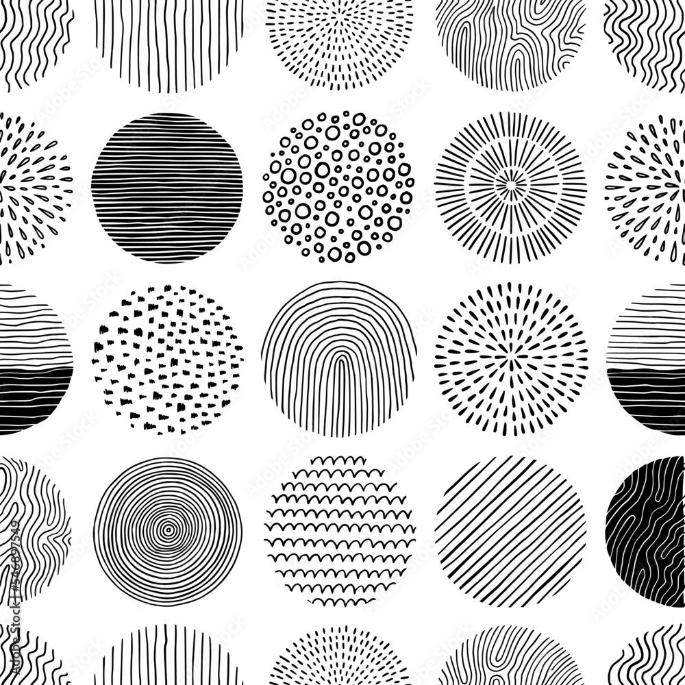 Poster hand drawn black, white circle seamless pattern. doodle style abstracrt textured scribble, stripped,
