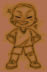 Chibi illustration of a smiling boy with very short hair and a bandaid on his cheek