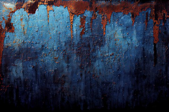 Blue rusted metal backround, distressed grunge background. Old metallic iron panel.