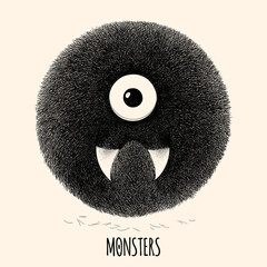 Hairy monster. Сute furry creature. Isolated cartoon horror character