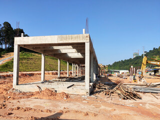 MELAKA, MALAYSIA - MARCH 4, 2021: The building structure is made of reinforced concrete still under construction. This reinforced concrete mold is made of timber and plywood formwork.