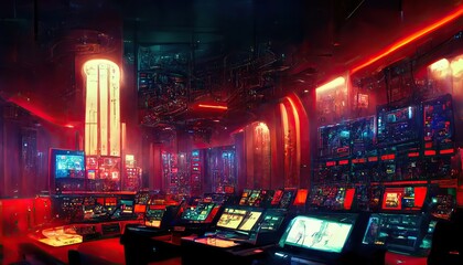 Interior of spaceship control center room, science fiction scene, blue-green and red colors 