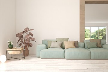 Naklejka premium White living room with sofa. Scandinavian interior design. 3D illustration