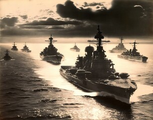 20th-century 2nd World War sea battle with carriers and warships. 3D rendering and vintage black and white image. Vintage American navy army fleet on the sea.