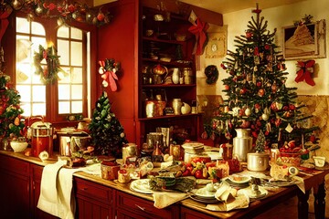 Fototapeta na wymiar Winter christmas interior feast with decorations