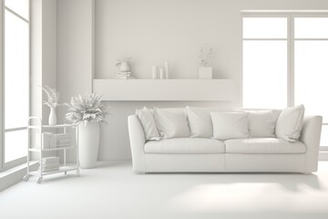 Mock up of minimalist living room in white color with sofa. Scandinavian interior design. 3D illustration