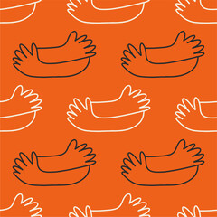 Illustration with hugging hands and inscription, seamless pattern. Cute print for cover, fabric, wrapper and more. Flat cartoon hand drawn.