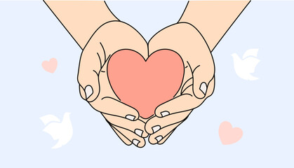 Two hands hold heart. Concept of love, charity, care, cardiology. Vector illustration in hand drawn style