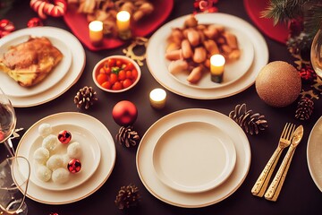 Winter holiday interior table setting with decorations