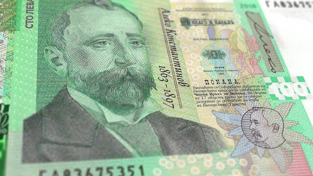 Bulgaria Bulgarian Lev 100 Banknotes, One Hundred Bulgarian Lev, Close-up and macro view of the Bulgarian Lev, Tracking and Dolly Shots 100 Bulgarian Lev banknote Observe and Reserve Side, Bulgarian