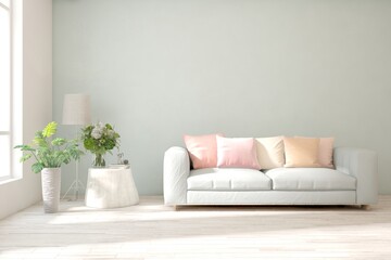 Fototapeta premium White living room with sofa. Scandinavian interior design. 3D illustration