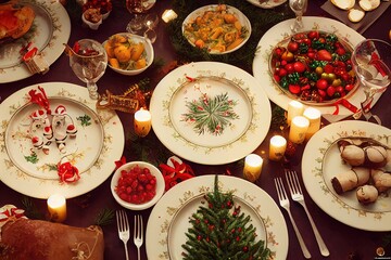Winter holiday interior table setting with decorations