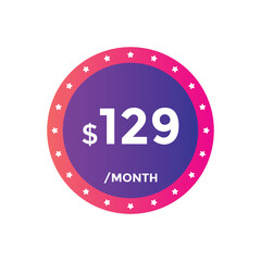 129 dollar price tag. Price 129 USD dollar only Sticker sale promotion Design. shop now button for Business or shopping promotion
