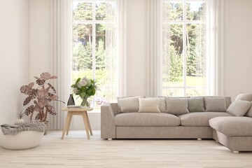 Fototapeta premium White living room with sofa and summer landscape in window. Scandinavian interior design. 3D illustration
