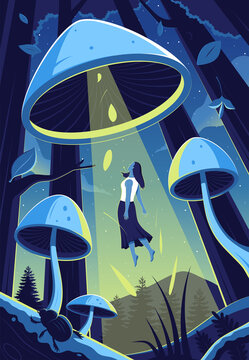 Woman floating in forest mushroom
