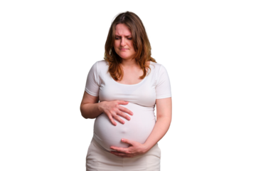 Contractions of a pregnant woman, studio photo on a white background