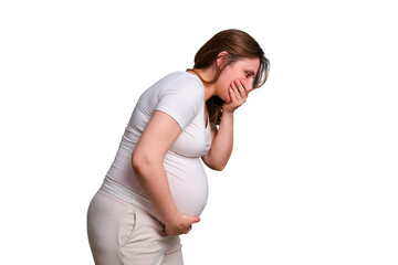 Heartburn in throat in pregnant woman, studio shot on white background