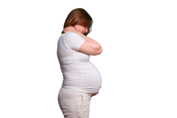Portrait of a pregnant woman with neck pain, white background