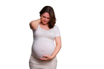 Neck pain in pregnant woman, studio shot on white background