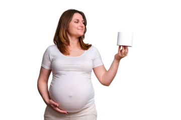 Toilet paper in hands of pregnant woman, studio shot on white background