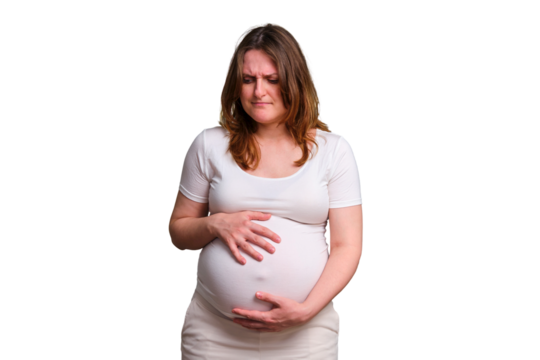 Contractions of a pregnant woman, studio photo on a white background