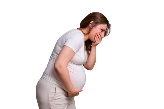 Heartburn in throat in pregnant woman, studio shot on white background