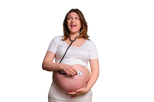 Pregnant woman holding stethoscope, studio shot on white background