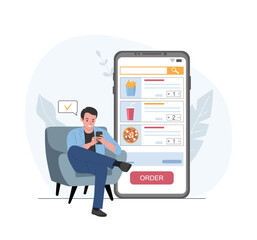 A white men in a home chair orders food through an application on a smartphone. Vector illustration.