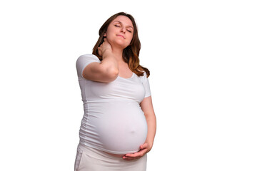 A happy pregnant woman in white clothes holds her stomach with her hands, a studio shot on a white background