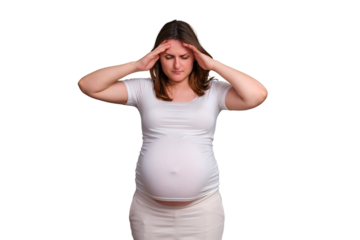 Headaches in pregnant woman, studio shot on white background