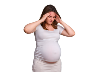 Portrait of a pregnant woman with a bad head on a white background