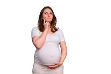 Portrait of a sad pregnant woman looking away on a white background