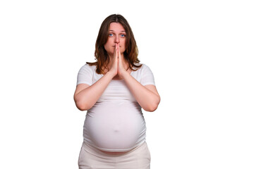 Prayer gesture with hands of pregnant woman, studio shot on white background