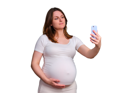 Selfie photo on the phone of a pregnant woman, studio shot on a white background - Powered by Adobe