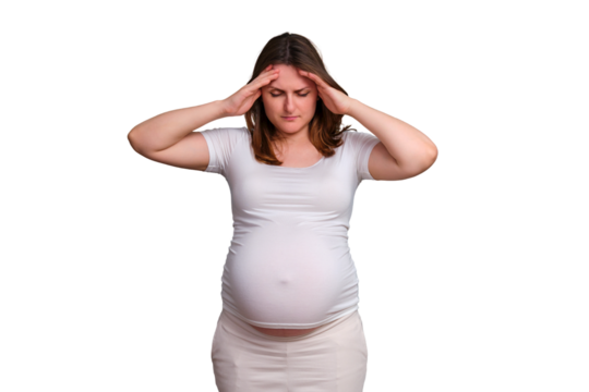 Headaches in pregnant woman, studio shot on white background