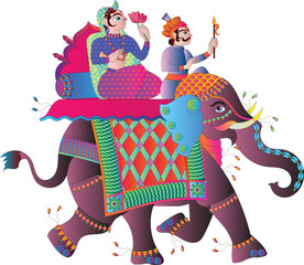 vector illustration of an Indian wedding invitation card, bride on elephant back in the procession 'Baraat' in Hindi means a groom's wedding procession in India and Pakistan. ... 