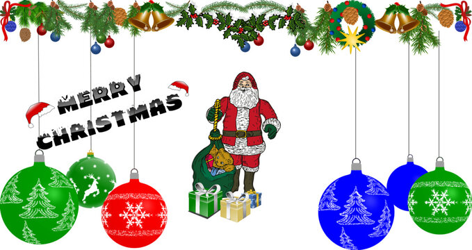 Merry Christmas avec boules décorées, Père Noël, cadeaux, bannière de branches de sapins, étoiles, cloches et cône de pin