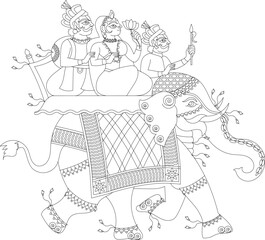 vector illustration of an Indian wedding invitation card, bride and groom on an elephant back in the procession 'Baraat' in Hindi means a groom's wedding procession in India and Pakistan. ... 