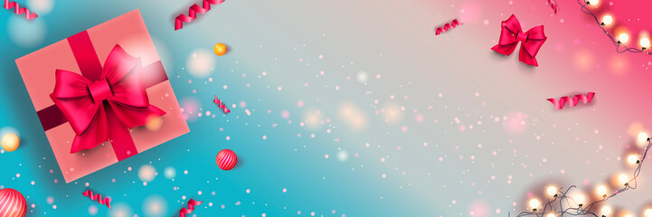 Merry Christmas web banner. Xmas and Happy New Year 2023 holiday celebration poster. Illustration with 3d realistic elements. Horizontal christmas poster, background, greeting cards, header.