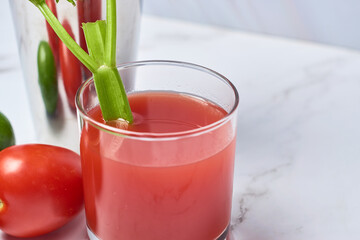 Bloody mary cocktail and ingredients, copy space