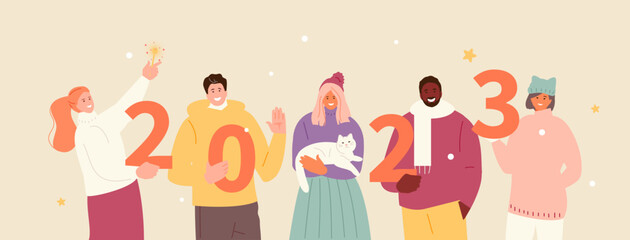 Fototapeta na wymiar Happy people with a cat celebrating the New Year 2023 and Christmas. Holiday friends and colleagues. Vector postcard template illustration