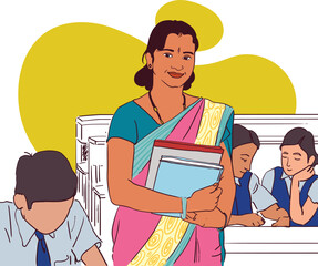 Rural indian teacher standing in class, smiling and confident indian women teacher
