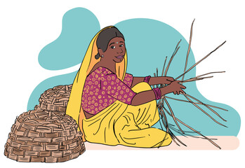 indian Women weaving traditional baskets, making hand made bamboo baskets, working indian women