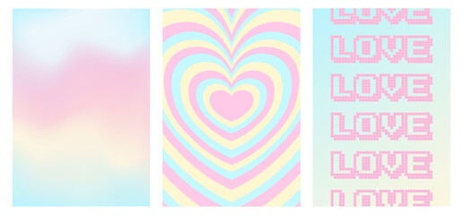 Fototapeta premium set of y2k style posters, 1990s 2000s nostalgia, heart, gradient background, trendy glamorous vector illustration, pastel candy colors