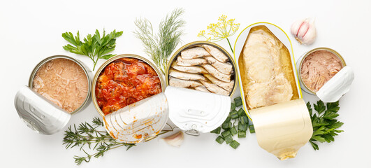 Canned fish in cans, long shelf life food.