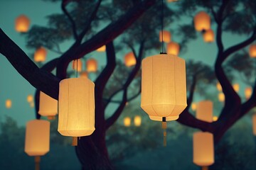 LeArchitecto chinese lanterns hanging on a tree hyper realism 