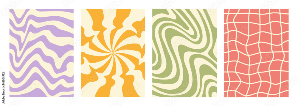 Aufkleber Retro groovy set waves, swirl and checkered distorted backgrounds. Trendy vector texture in retro vintage style. Pastel colors
