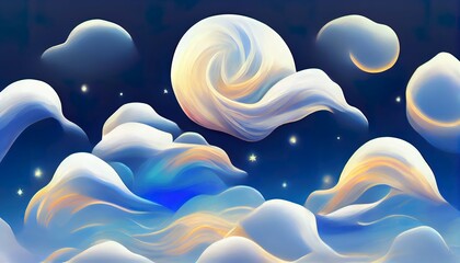 Naklejka premium Illustration of a dreamy fantasy blue night sky with stars and clouds. Dreamy backdrop. Great to use as a wallpaper or for your art projects.